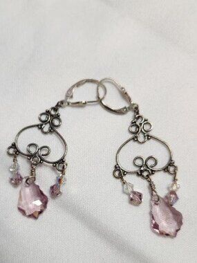 Sterling Silver Ornate Heart Crystal Chandelier Dangle Earrings